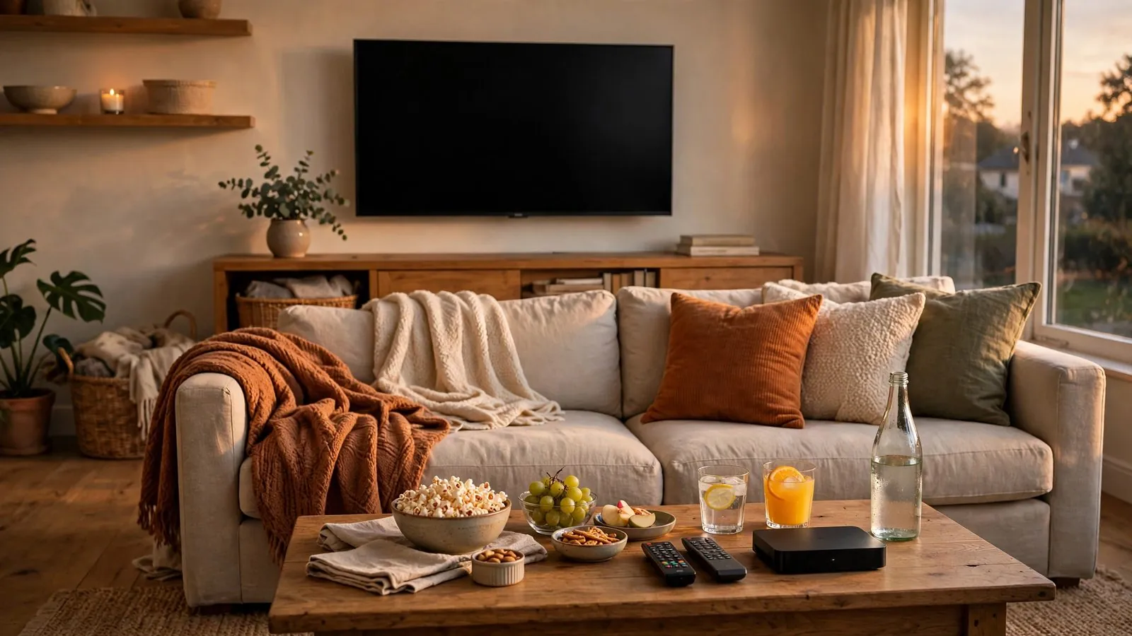 Ein Wohnzimmer mit einem bequemen Sofa und einem ausgeschalteten Fernsehgerät an der Wand.