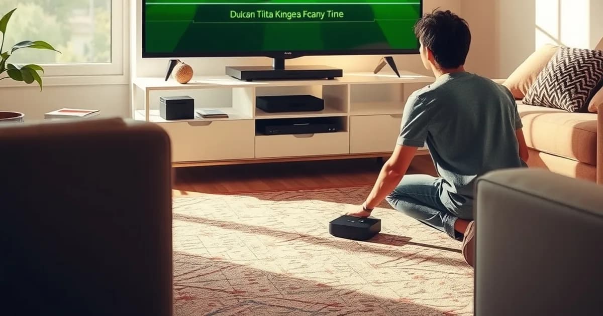 Person schließt eine Android TV Box am Fernseher an, im Hintergrund ein sonnendurchflutetes Wohnzimmer mit Fußballbild auf dem Bildschirm
