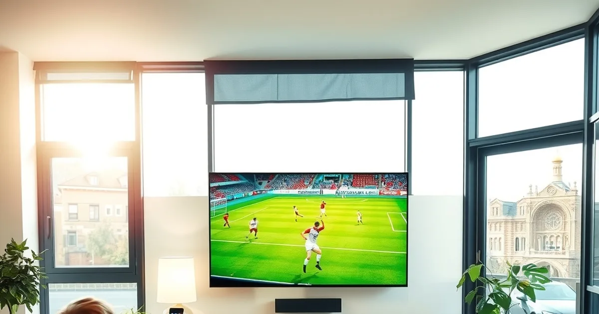 Zwei Freunde schauen entspannt in einem hellen, sonnigen Wohnzimmer ein Fußballspiel auf einem großen Fernseher, im Vordergrund ein Smartphone und eine Streaming-Fernbedienung auf dem Couchtisch.