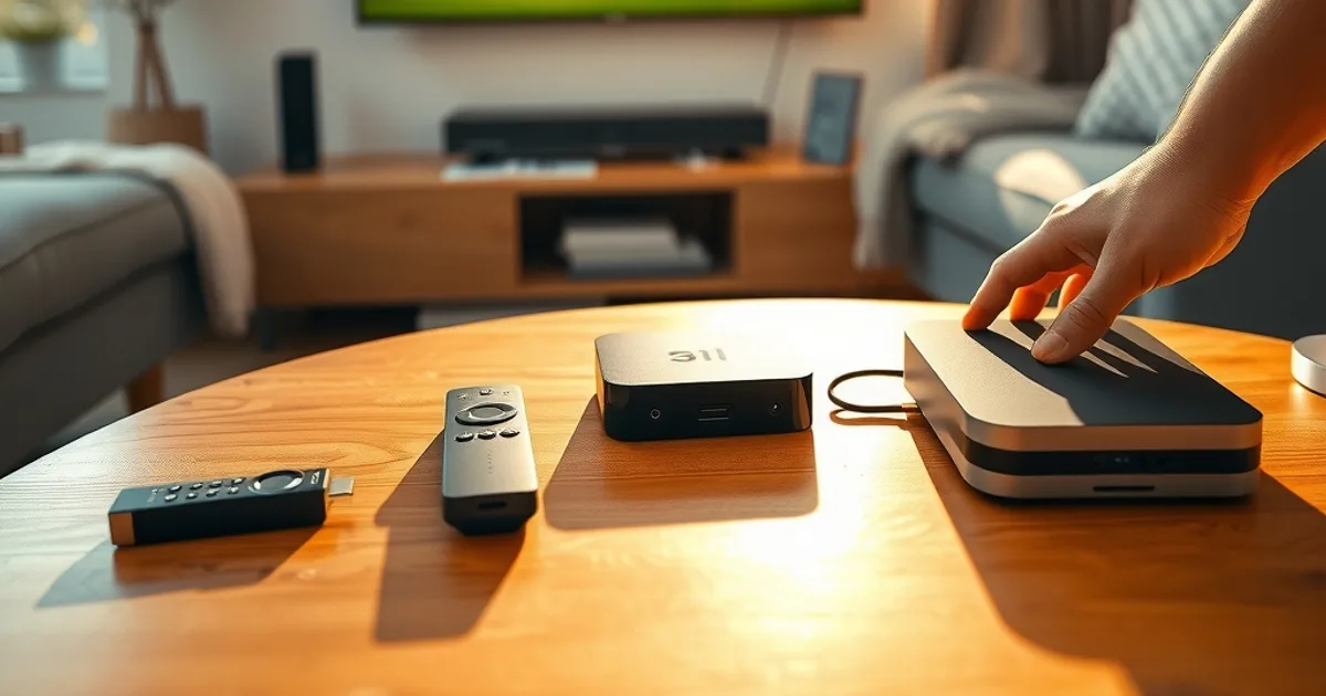 Ein sonniges Wohnzimmer mit drei verschiedenen Streaming-Geräten auf einem Couchtisch vor einem Fernseher, der ein Fußballspiel zeigt