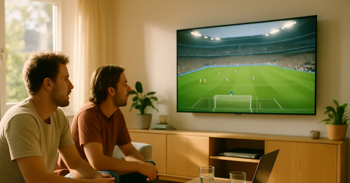 Zwei Freunde schauen an einem hellen Spätsommernachmittag in einem sonnendurchfluteten Wohnzimmer ein Fußballspiel auf einem großen Fernseher; auf dem Couchtisch stehen ein Streaming-Player, eine Fernbedienung und ein aufgeklappter Laptop.