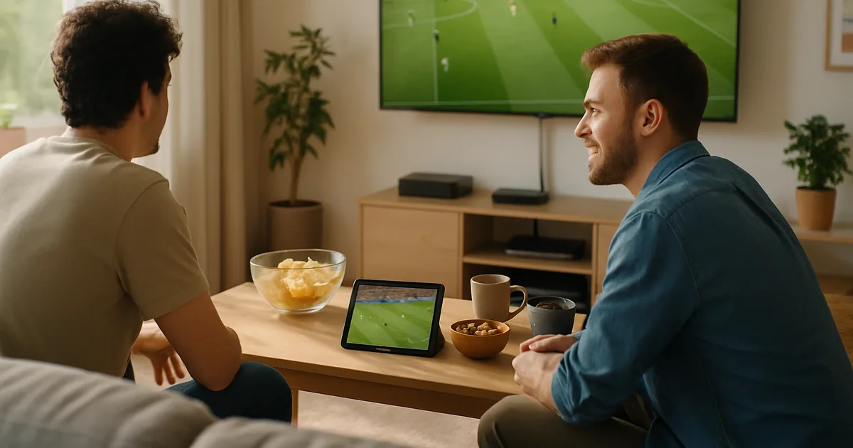 Zwei Freunde schauen an einem hellen Samstagnachmittag im Wohnzimmer Fußball: das Einzelspiel läuft auf dem großen Fernseher, die Konferenz parallel auf einem Tablet auf dem Couchtisch, darunter Streaming-Box und Router mit Netzwerkkabel.