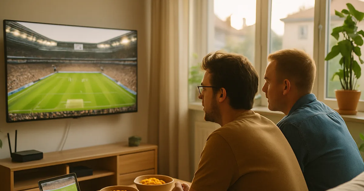 Zwei Freunde verfolgen an einem hellen Spätsommerabend im Wohnzimmer den Bundesliga-Auftakt auf dem großen Fernseher, während auf einem Tablet auf dem Couchtisch parallel ein zweites Spiel läuft; darunter stehen Streaming-Box und Router mit angeschlossenem Netzwerkkabel.
