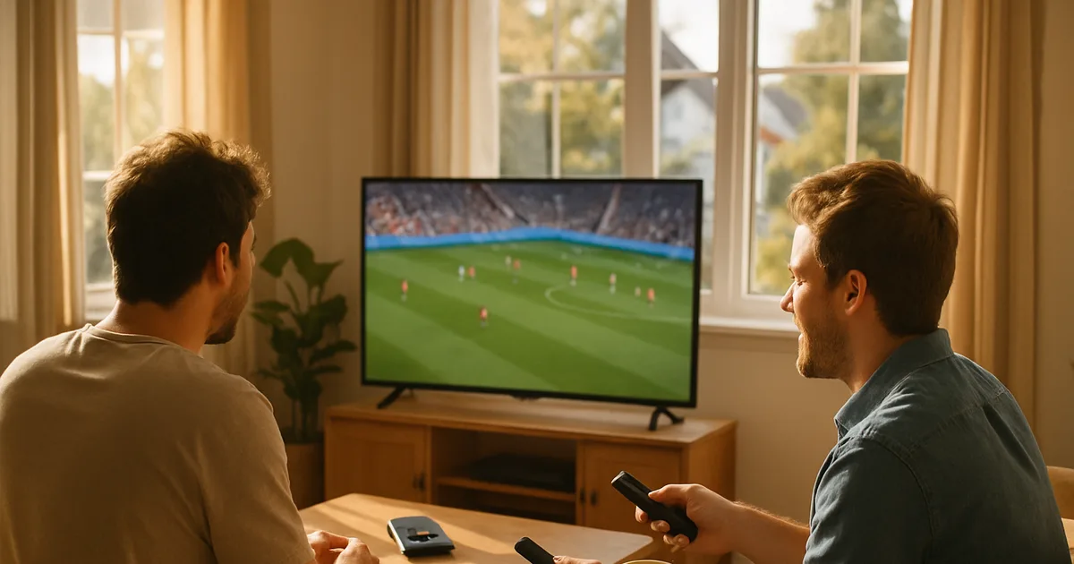 Zwei Freunde sitzen an einem sonnigen Spätsommernachmittag im hellen Wohnzimmer auf dem Sofa und schauen ein Fußballspiel auf dem Fernseher, daneben ein Streaming-Stick und ein Smartphone.