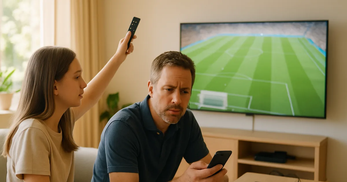 Vater und Tochter sitzen an einem hellen Samstagnachmittag im Wohnzimmer vor dem Fernseher mit einem Fußballspiel, auf dem Couchtisch liegen mehrere Smartphones, ein Tablet und eine Streaming-Box.