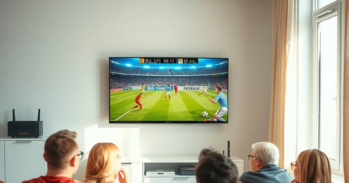 Freunde schauen bei hellem Tageslicht in einem modernen Wohnzimmer die Bundesliga-Konferenz am Samstagnachmittag, im Hintergrund ist ein Router sichtbar
