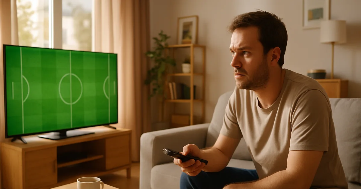 Mann sitzt in einem hellen Wohnzimmer vor dem Fernseher mit Fußballspiel, auf dem Couchtisch liegen zwei separate Rechnungen und ein Taschenrechner