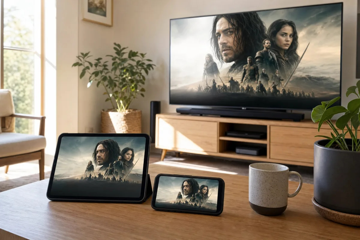 Tablet und Smartphone zeigen dieselbe Mediathek wie der Fernseher im hellen Wohnzimmer