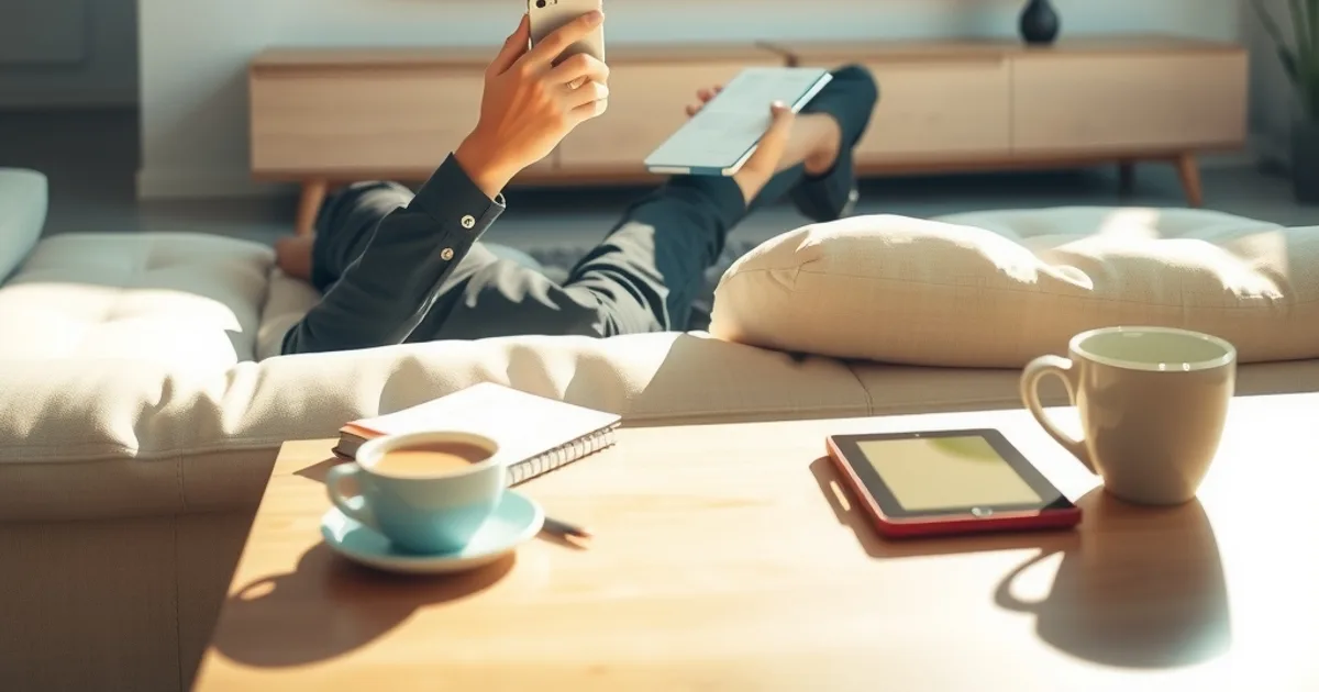 Person prüft auf Sofa mit Smartphone und Notizen die Bildqualität eines Fußballspiels auf dem Fernseher während der Testphase