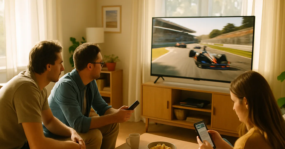 Drei Freunde verfolgen an einem sonnigen Nachmittag im hellen Wohnzimmer ein Formel-1-Rennwochenende auf dem Fernseher, einer hält die Fernbedienung eines Streaming-Sticks in der Hand
