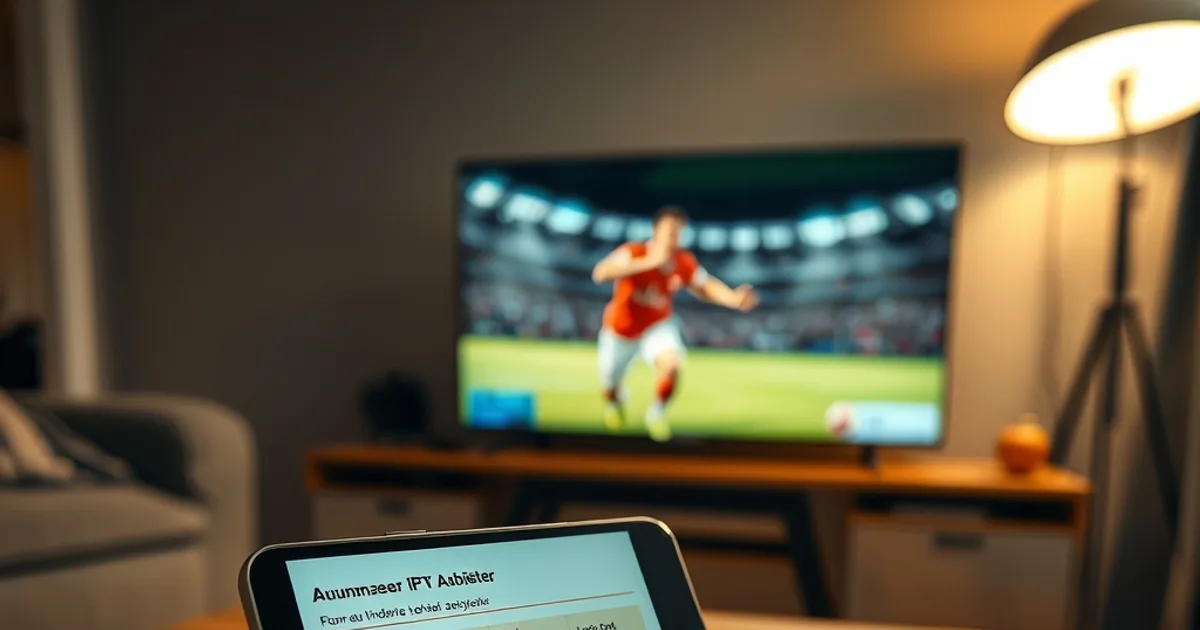 Nahaufnahme eines Smartphones auf einem Couchtisch, das eine Preisvergleichs-Notiz mehrerer IPTV-Anbieter zeigt, im warmen Lampenlicht eines Wohnzimmers, im unscharfen Hintergrund läuft auf dem Fernseher ein Fußballspiel, daneben liegt ein aufgeschlagenes Notizheft mit handschriftlichen Preisen und Häkchen