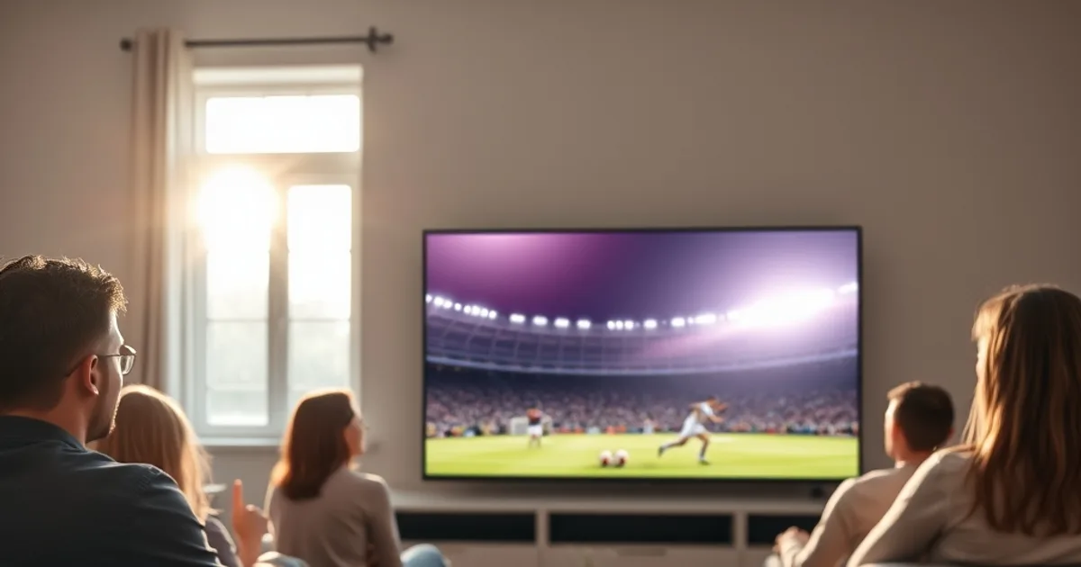Familie schaut in einem hellen Wohnzimmer bei Tageslicht gemeinsam einen gestochen scharfen 4K-Fußballstream auf einem großen Flachbildfernseher