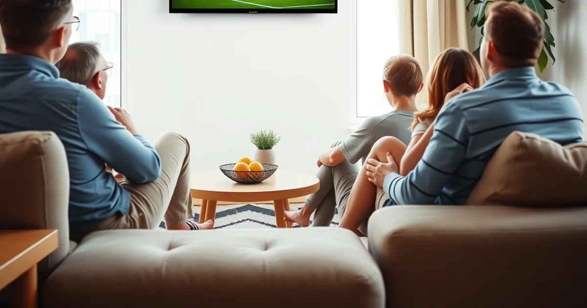 Eine Familie schaut entspannt bei Tageslicht gemeinsam Fußball auf einem Smart-TV im Wohnzimmer