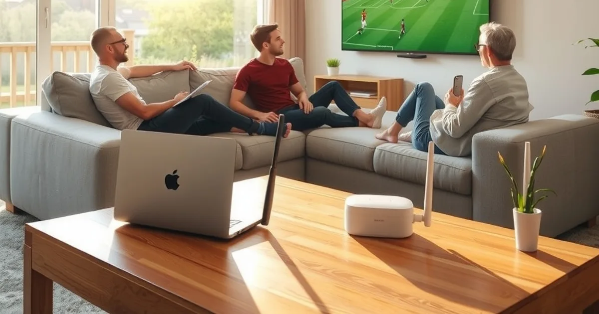 Eine Gruppe Freunde schaut in einem hellen, modernen Wohnzimmer am Nachmittag entspannt ein Fußballspiel auf einem großen Bildschirm.