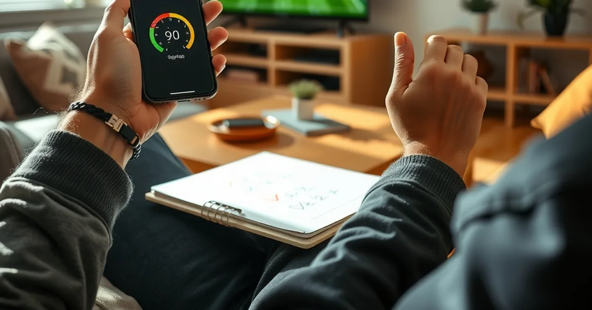 Eine Person testet auf dem Sofa mit Smartphone und Notizbuch die Stabilität eines IPTV-Streams, während im Hintergrund ein Fußballspiel auf dem Fernseher läuft