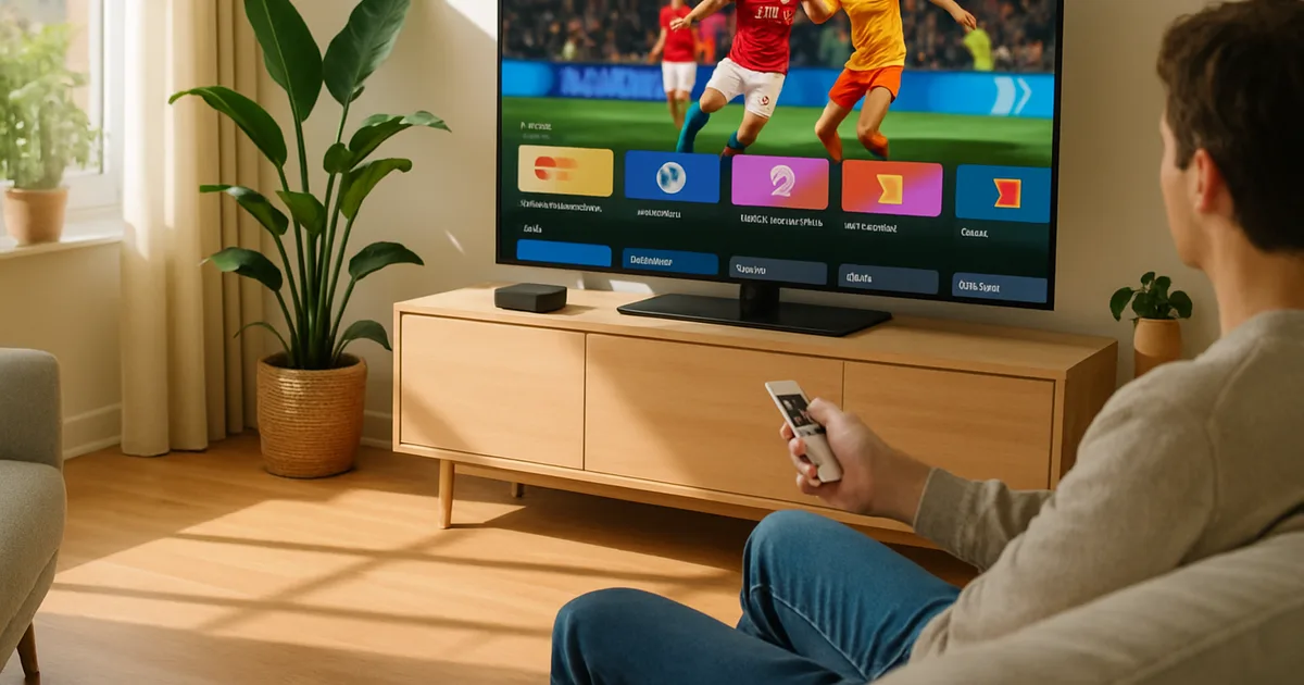 Person im hellen Wohnzimmer richtet die Apple-TV-Fernbedienung auf einen großen Fernseher mit Sender-Übersicht, Tageslicht durch ein Fenster