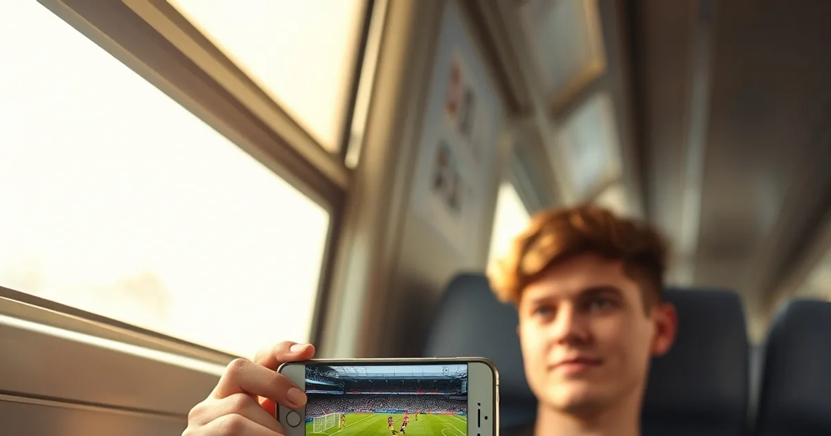 Ein Mann schaut im Zug bei Tageslicht einen Live-Fußballstream auf seinem iPhone