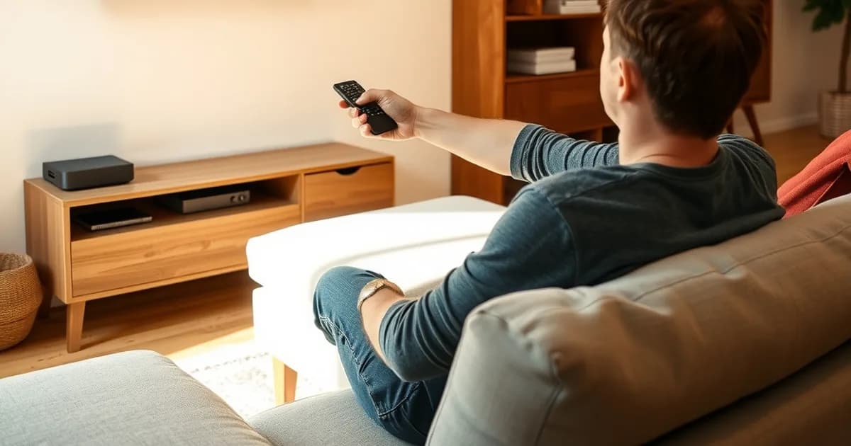 Mann sitzt im hellen Wohnzimmer auf dem Sofa und plant über die Fernbedienung eine Aufnahme eines Fußballspiels auf dem Smart-TV