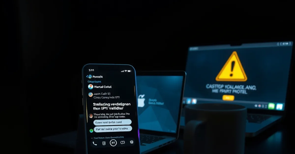 Nahaufnahme eines Smartphones auf einem Schreibtisch am Abend, das eine Chat-Konversation mit einem verdächtigen IPTV-Verkäufer zeigt, daneben eine Kreditkarte und ein leeres Preisschild, im Hintergrund unscharf ein Laptop mit einer Warnsymbol-Grafik, kühles bläuliches Bildschirmlicht auf einem ansonsten dunklen Raum, angespannte, misstrauische Stimmung, keine erkennbaren Gesichter, kein Text, kein Logo.