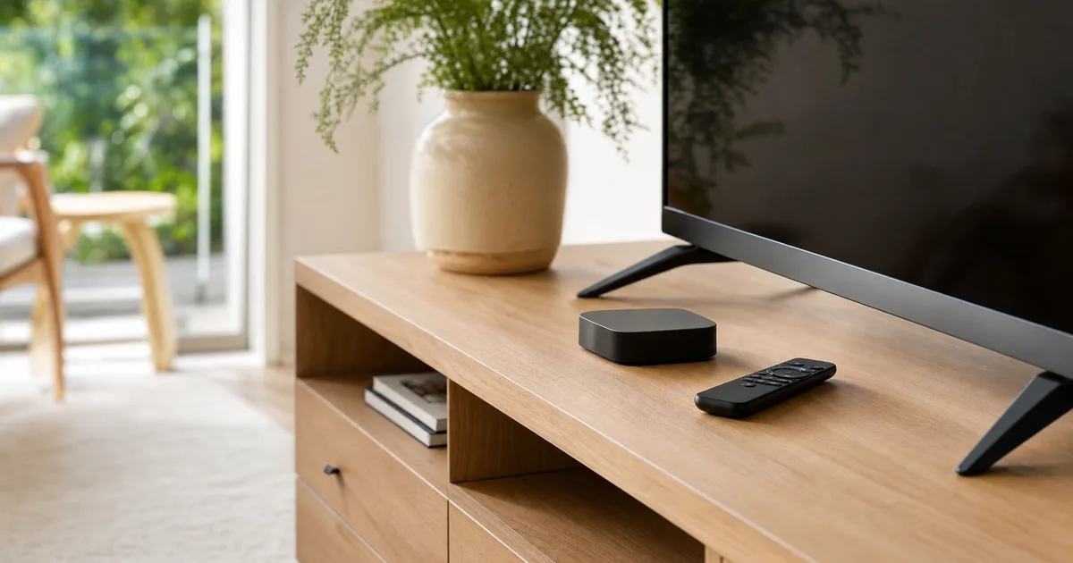 Kleine Streaming-Box neben einem Fernseher auf einem hellen TV-Board