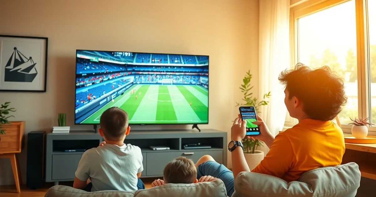 Eine Familie sitzt gespannt vor dem Fernseher und verfolgt ein Fußballspiel, während jemand nebenbei auf dem Smartphone die Internetgeschwindigkeit prüft.