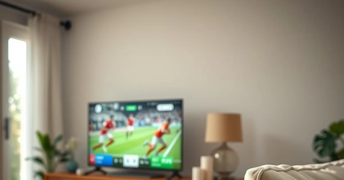 Modernes, helles Wohnzimmer mit Chromecast am Fernseher und laufender Live-Sport-Übertragung am Nachmittag