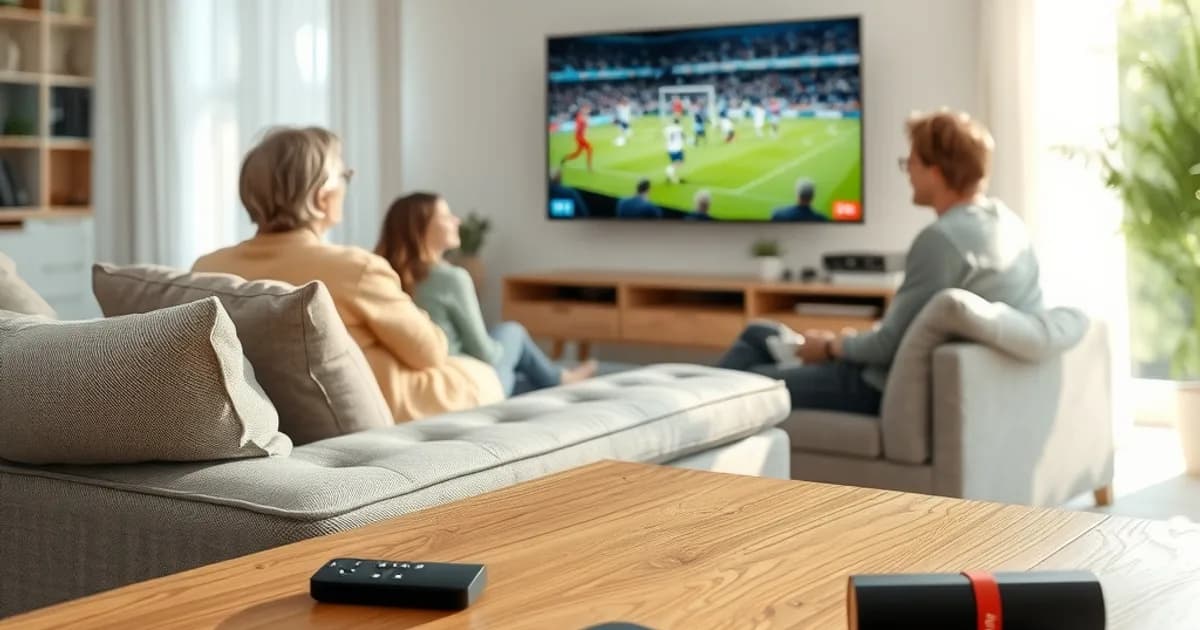 Familie sitzt entspannt im hellen Wohnzimmer auf dem Sofa und schaut gemeinsam ein Fußballspiel auf dem Fernseher, im Vordergrund liegt eine Fernbedienung auf dem Couchtisch