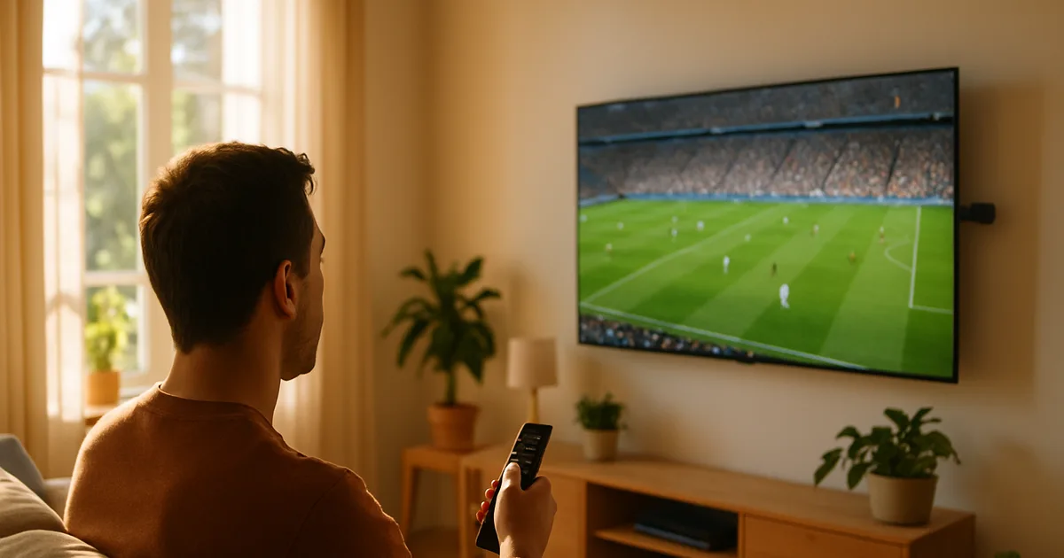 Person mit Fernbedienung vor einem Wandfernseher mit laufendem Fußballspiel, daneben ein eingesteckter Streaming-Stick, in einem hellen, sonnendurchfluteten Wohnzimmer.