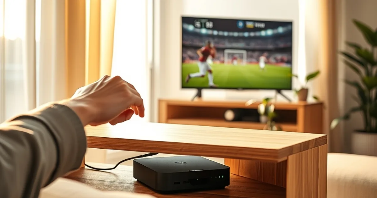 Router und Streaming-Stick stehen offen und gut belüftet auf einem Regal in einem hellen Wohnzimmer, im Hintergrund läuft ein Fußballspiel auf dem Fernseher