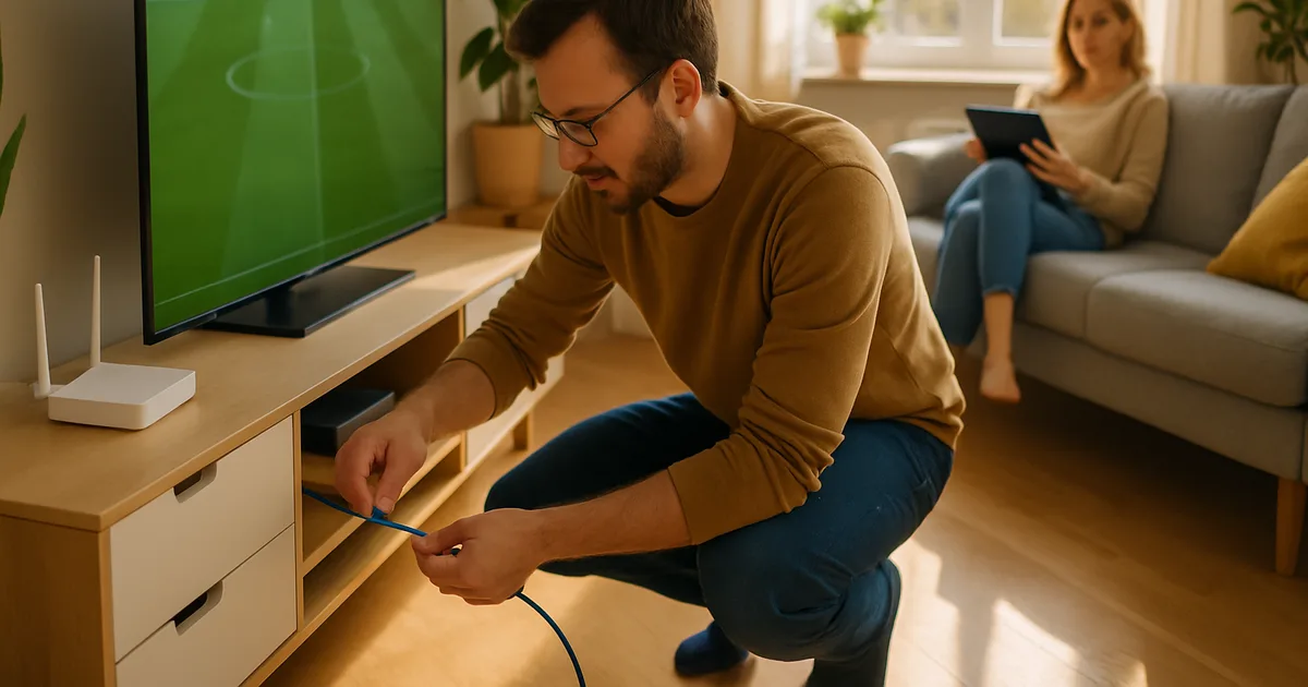 Helles Wohnzimmer bei Tageslicht: Ein Mann verlegt hinter dem TV-Board ein Netzwerkkabel vom Router zur Streaming-Box, auf dem Fernseher ist ein Fußballfeld zu sehen, im Hintergrund sitzt eine Frau mit Tablet auf dem Sofa.