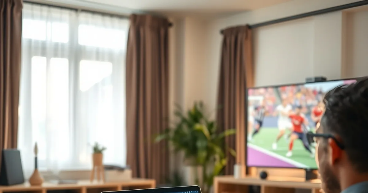 Person prüft am Laptop die Netzwerkverbindung im hellen Wohnzimmer, während im Hintergrund ein IPTV-Stream auf dem Fernseher läuft