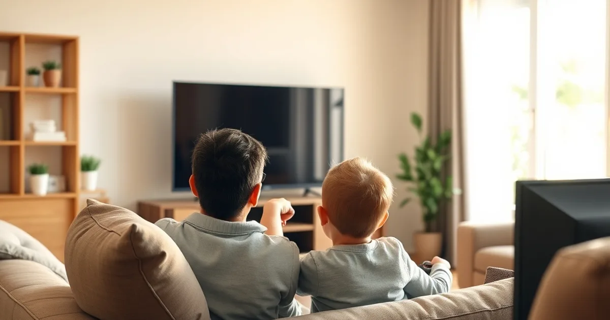 Elternteil und Kind sitzen gemeinsam auf dem Sofa vor dem Fernseher und richten die Kindersicherung ein