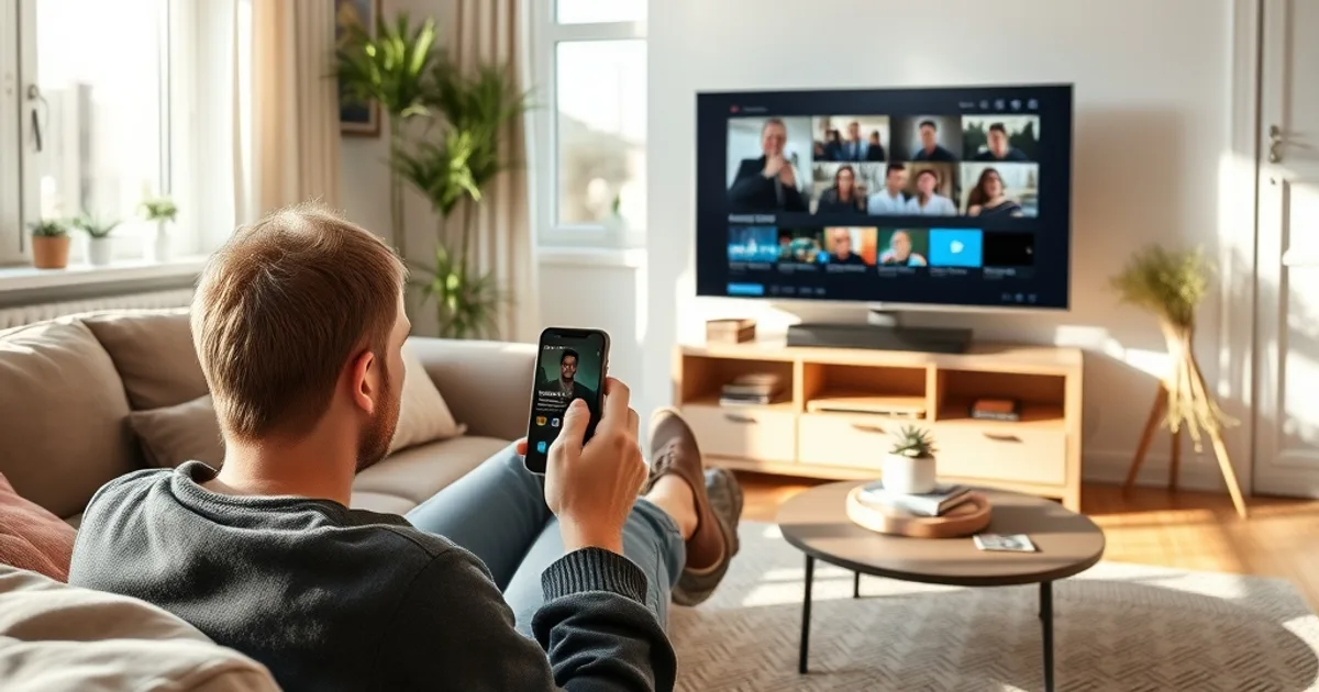 Person testet an einem hellen Nachmittag im Wohnzimmer eine IPTV-App auf Smartphone und Fernseher