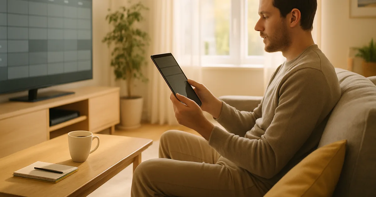 Ein Mann sitzt in einem hellen Wohnzimmer auf dem Sofa, vergleicht auf seinem Tablet Anbieterinformationen und blickt zum Fernseher an der Wand – ruhige Prüfung vor der Anbieterwahl.