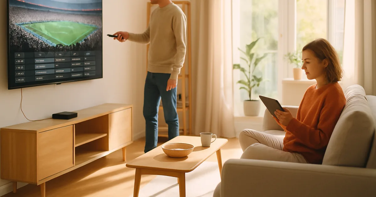 Helles Wohnzimmer bei Tageslicht: Eine Person steht mit Fernbedienung vor dem Fernseher mit Fußballübertragung und Programmübersicht, darunter eine per LAN-Kabel verbundene IPTV-Box, im Hintergrund schaut jemand auf dem Sofa parallel ein Spiel auf dem Tablet.