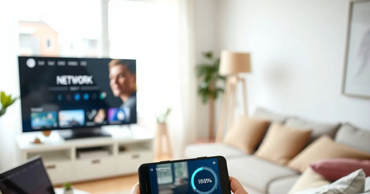 Person testet die Internetverbindung mit dem Smartphone in einem hellen Wohnzimmer, während im Hintergrund ein Fernseher und ein Router stehen