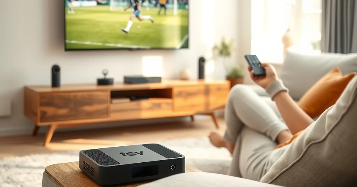Heller Wohnraum mit IPTV-Receiver auf dem TV-Sideboard und Fernseher im Hintergrund, eine Person hält eine Fernbedienung