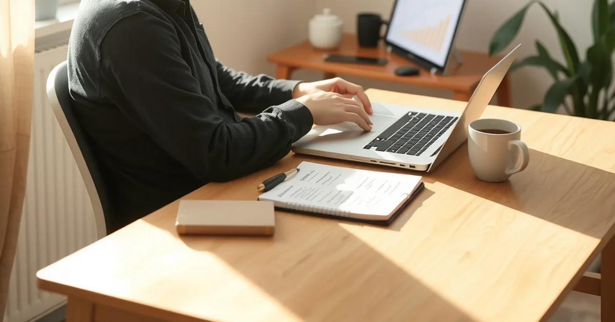 Eine Person sitzt nachdenklich an einem sonnigen Schreibtisch vor einem Laptop mit Diagrammen und macht sich Notizen zu einer Geschäftsentscheidung