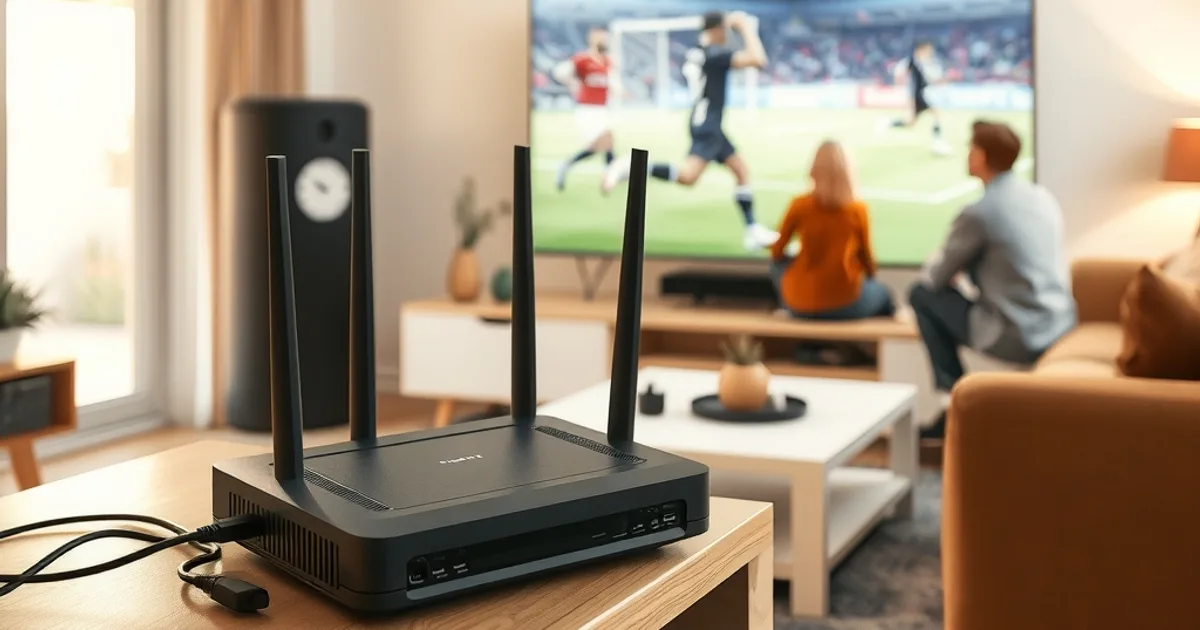 Familie schaut entspannt Fußball auf einem großen Fernseher in einem hellen Wohnzimmer, im Vordergrund steht ein WLAN-Router auf einem Regal