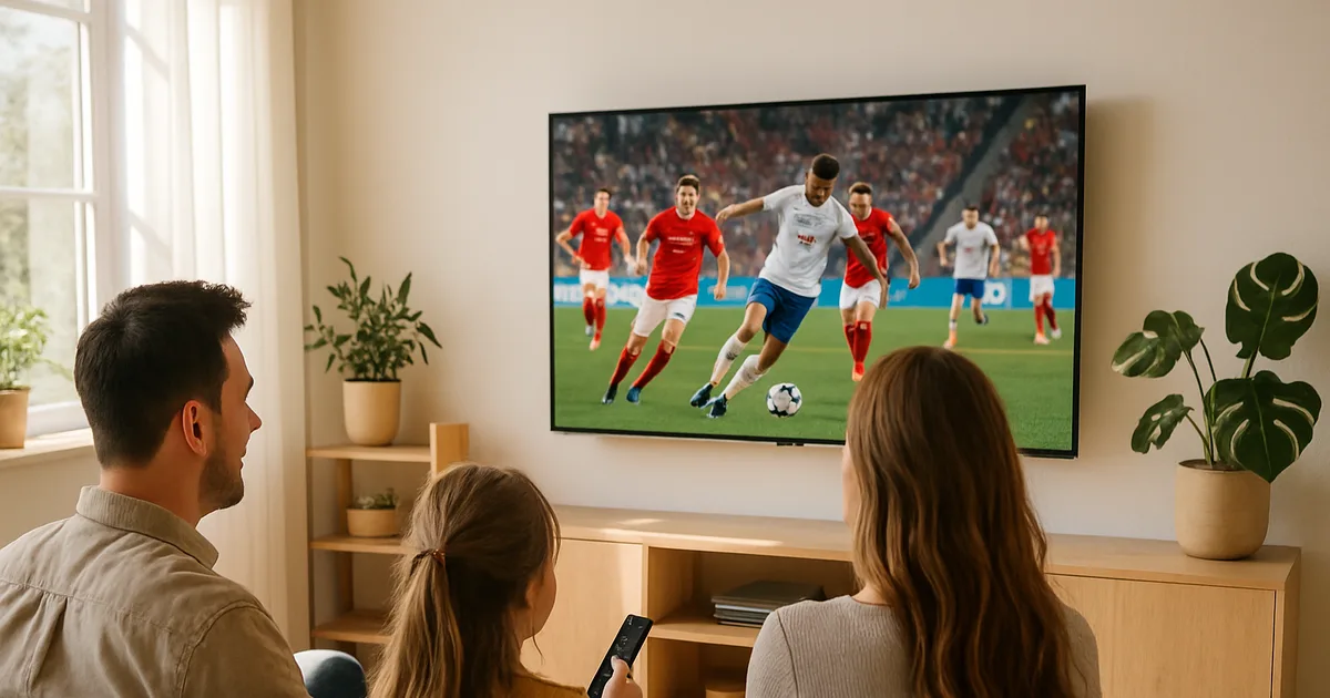 Eine Familie sitzt bei Tageslicht im hellen Wohnzimmer auf dem Sofa und schaut ein Fußballspiel auf einem schlanken Smart TV an der Wand – ohne sichtbare Box oder Fire TV Stick, nur mit der TV-Fernbedienung.
