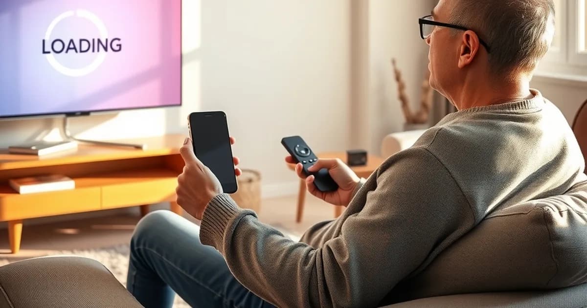 Person sitzt im hellen Wohnzimmer auf dem Sofa und schaut mit Smartphone in der Hand fragend auf einen Fernseher mit Ladesymbol
