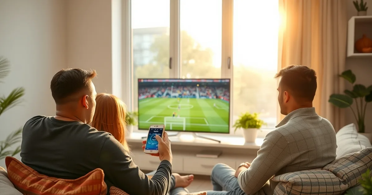 Freunde sitzen entspannt im hellen Wohnzimmer vor dem Fernseher und bereiten sich mit einem Speedtest auf dem Smartphone auf ein Bundesliga-Spiel vor.