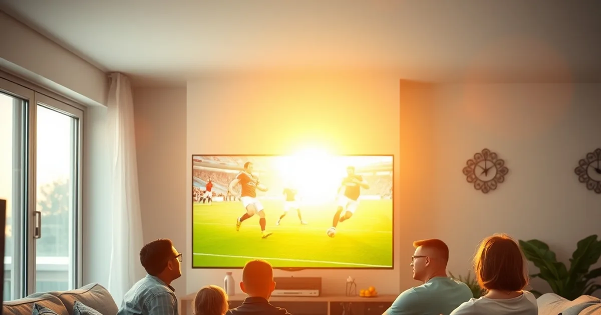 Familie schaut in einem hellen Wohnzimmer am frühen Abend gemeinsam ein Fußballspiel über einen Streaming-Stick am Fernseher