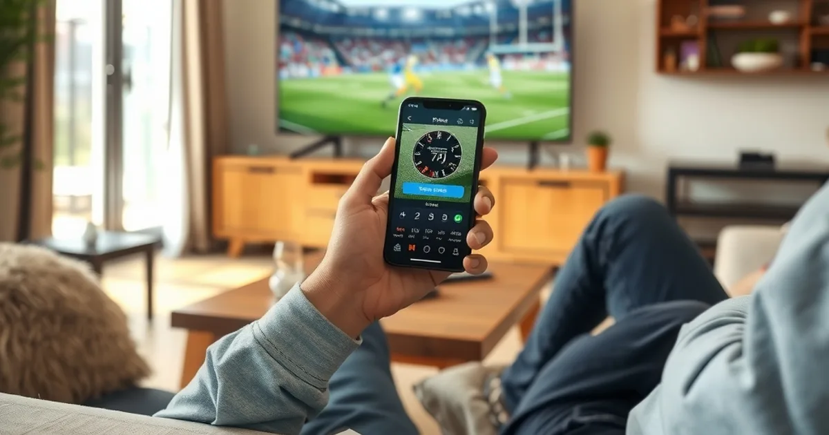 Person sitzt im hellen Wohnzimmer bei Tageslicht auf dem Sofa, hält ein Smartphone mit Stoppuhr in der Hand, im Hintergrund läuft ein Fußballspiel auf dem Fernseher