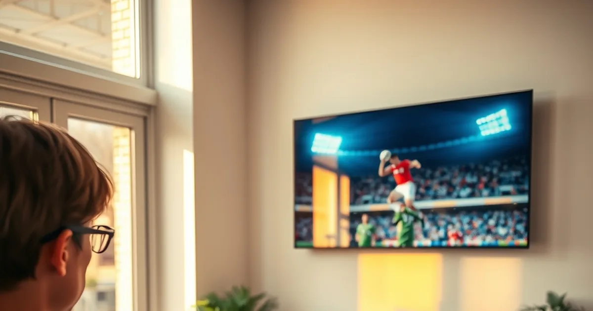 Person vergleicht im hellen Wohnzimmer die Bildqualität eines Live-Fußballspiels auf Smartphone und Fernseher während einer IPTV-Testline.