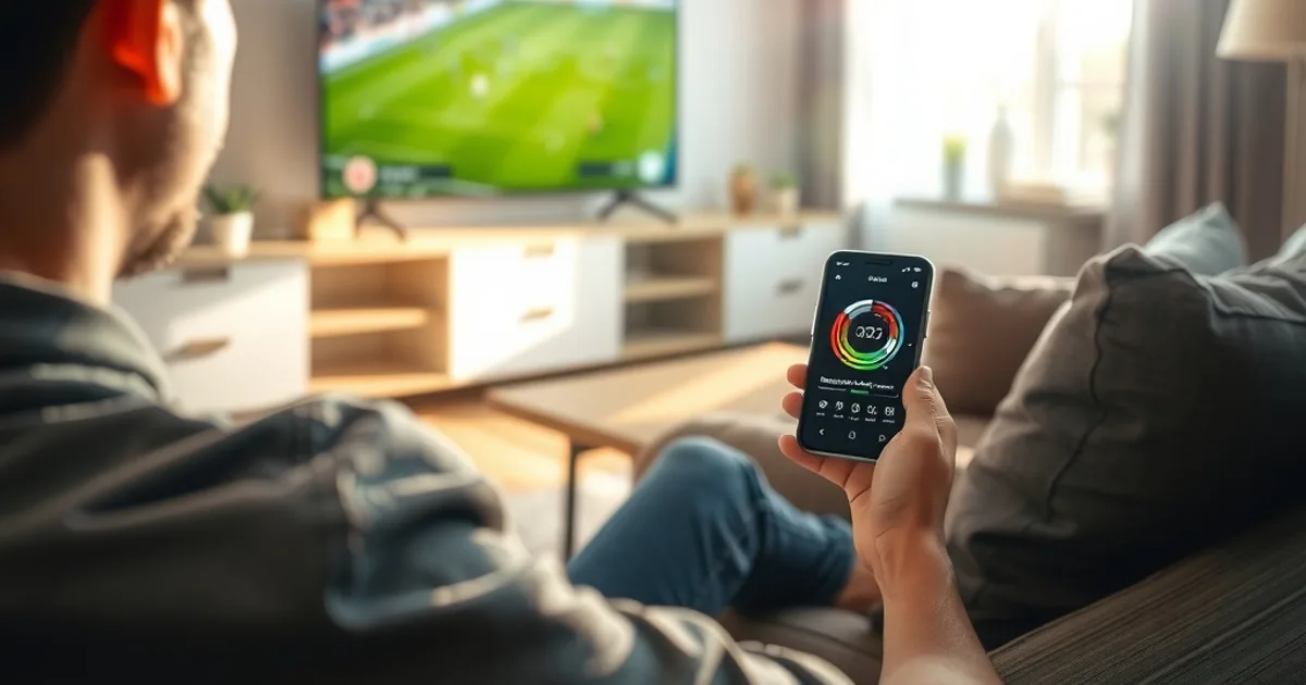Person testet die Internetgeschwindigkeit auf dem Smartphone, während im Hintergrund ein Fußballspiel auf dem Fernseher läuft, helles Wohnzimmer bei Tageslicht