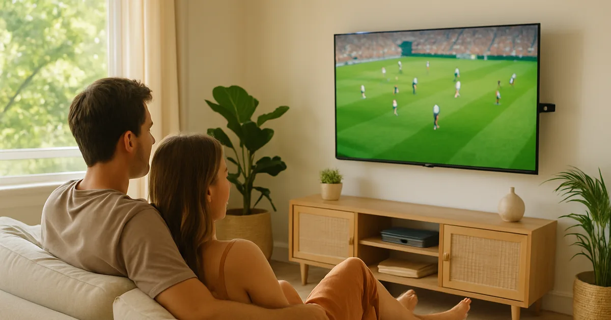 Junges Paar schaut in einer hellen Ferienwohnung an einem Sommernachmittag ein Fußballspiel auf einem Fernseher mit eingestecktem Streaming-Stick, ein Smartphone mit Verbindungs-App liegt auf dem Tisch.