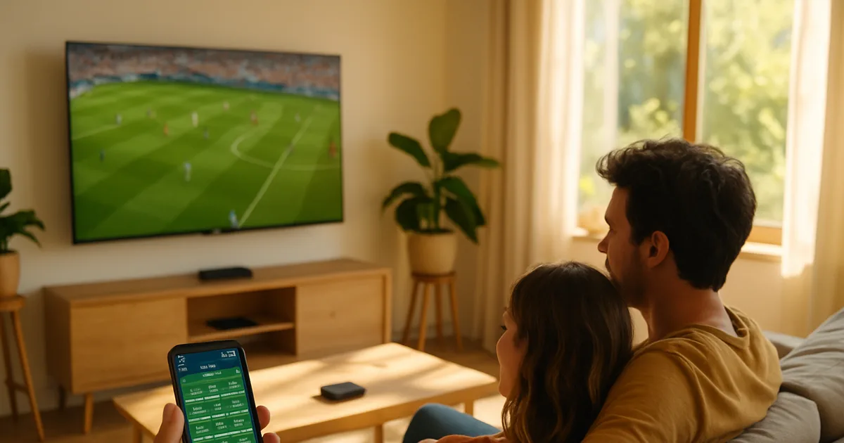 Ein Paar schaut in einem hellen Wohnzimmer bei Tageslicht ein Fußballspiel auf dem Fernseher, auf dem Couchtisch liegen eine Streaming-Box und ein Smartphone mit dem WM-Spielplan.