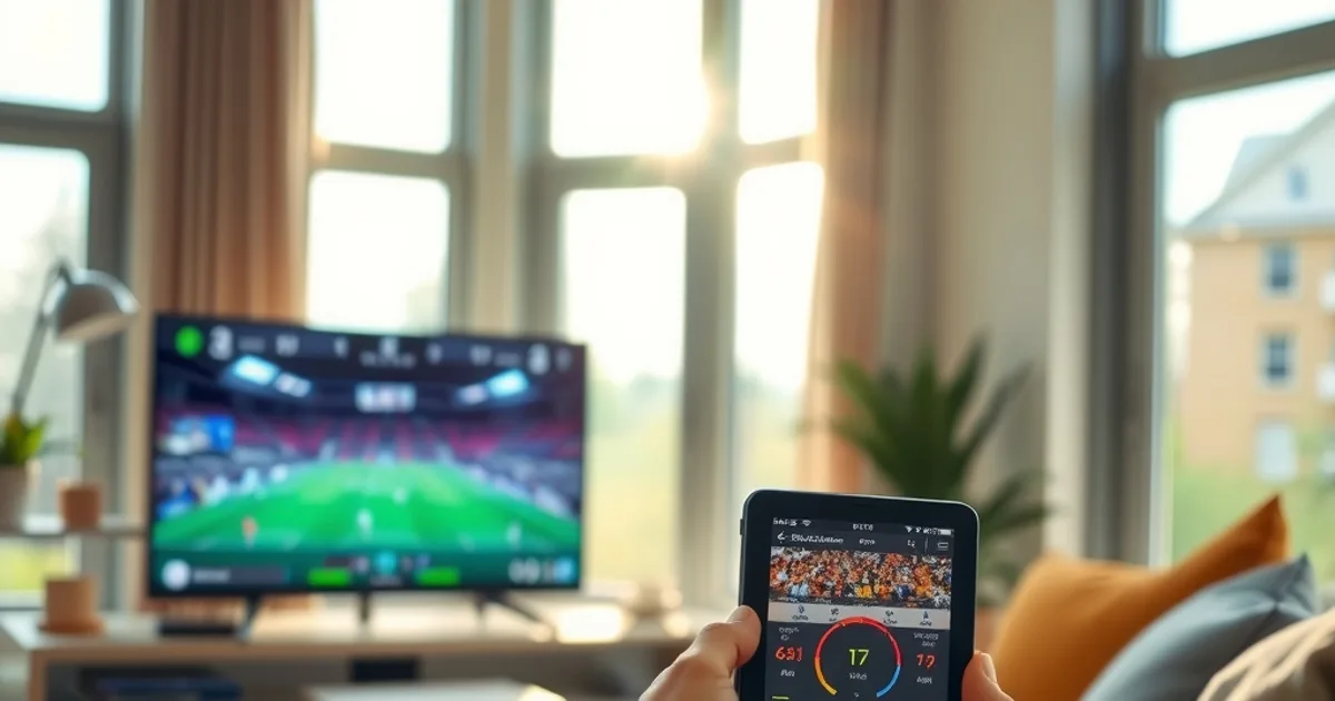 Person testet die Internetgeschwindigkeit per Smartphone im hellen Wohnzimmer, im Hintergrund läuft ein Fußball-Stream flüssig auf dem Fernseher.