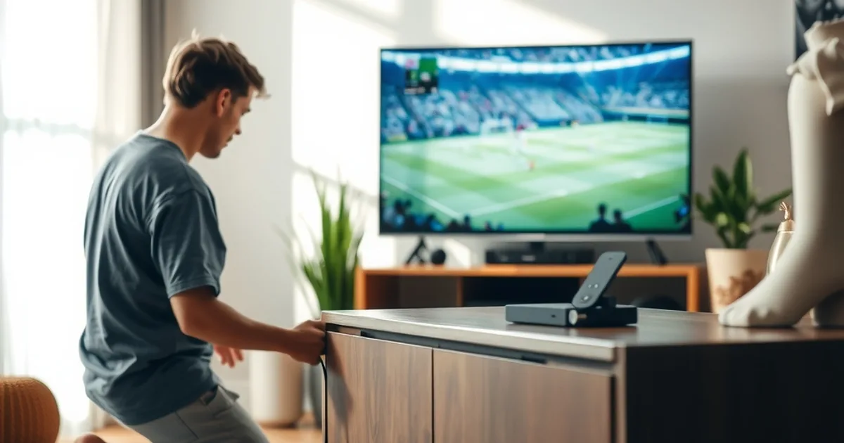 Person tauscht am Fernsehschrank ein altes Kabelbox-Gerät gegen einen kleinen Streaming-Stick aus, im Hintergrund ein pausiertes Fußballspiel auf dem TV